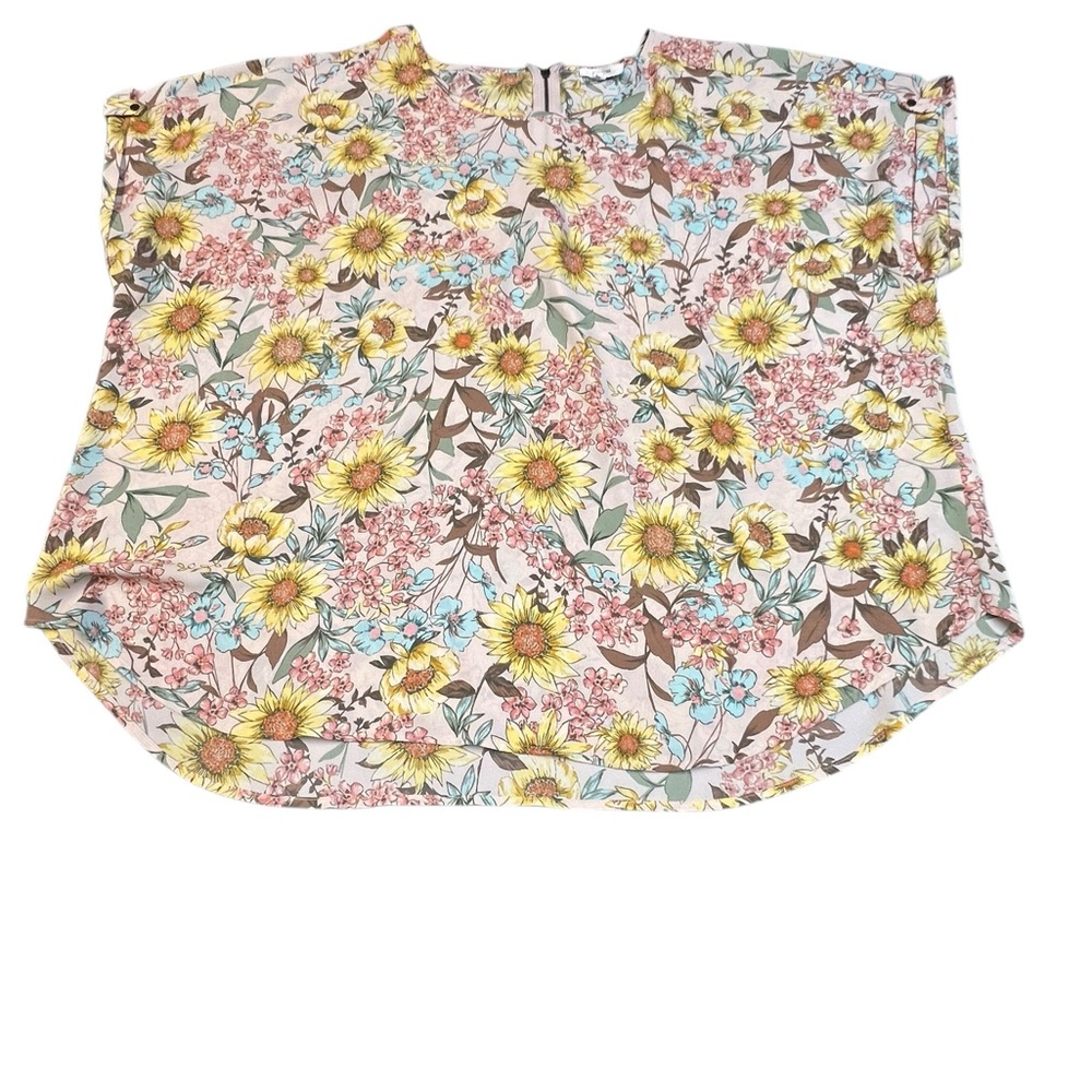 Women’s Floral Blouse Top Sunflower Print Short Sleeve High-Low Hem Size 3X